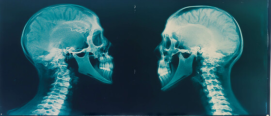 Poster - X-ray representation showcasing lateral views of human skull with vintage film grain effect