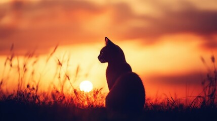 Naklejka na meble A relaxed Siamese cat being gently lifted toward a sunset sky, its silhouette framed by warm orange and red hues.