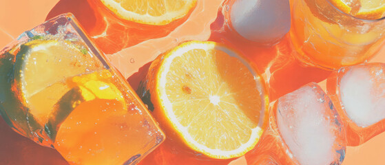 Poster - Bubbly lemonade pattern with ice and fresh citrus fruits for summer refreshment