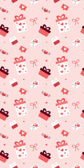 Poster - Festive Gift and Love Letter Pattern on Soft Pink Background Valentines Day seamless pattern Vertical social media stories reels design element, 14 February and anniversary. Vertical poster