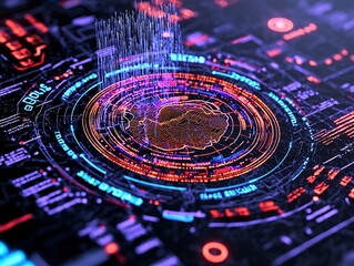 Fototapete - topographical data surge hyper detailed holographic display of cascading storm systems and heat map 
