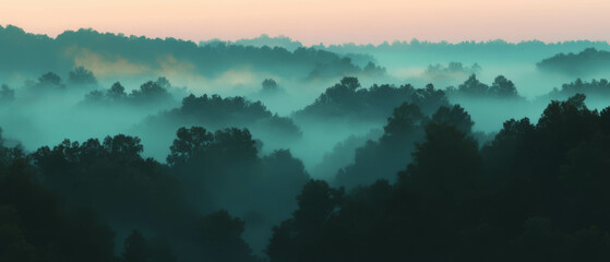 Poster - Ethereal morning mist enveloping serene landscapes at dawn in endless layers of tranquility