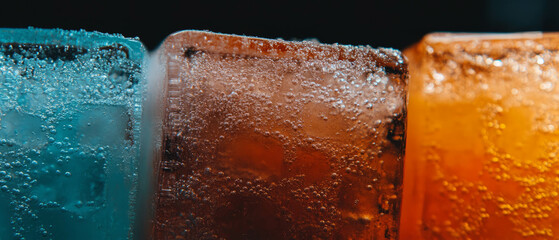 Poster - Refreshing sparkling water with ice cubes creating a vibrant texture pattern in a drink
