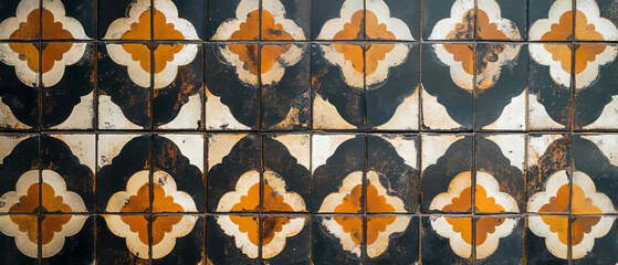 Poster - Unique geometric tile design with a black and orange patterned background enhancing any space