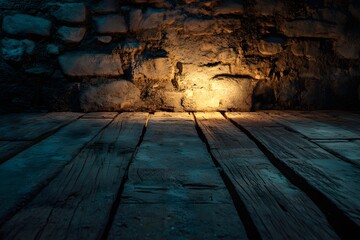 Wall Mural - Dark wood floor, lit stone wall background, cellar setting, product display