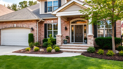 A brick two-story house with a light-colored front porch, white garage door, and landscaped lawn.  The house features large windows and a dark-colored front door.