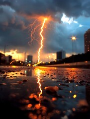 Poster - dramatic vertical lightning bolt illuminating a turbulent stormy night sky over an urban cityscape w