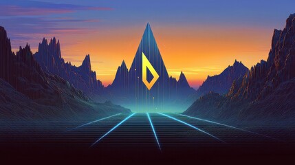 Poster - Vibrant Sunset Over Futuristic Mountain Landscape with Geometric Symbol and Neon Light Pathway in Retro Style