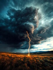 Poster - Dramatic and intense single lightning bolt striking down from dark and moody storm clouds into a remote rural landscape or field