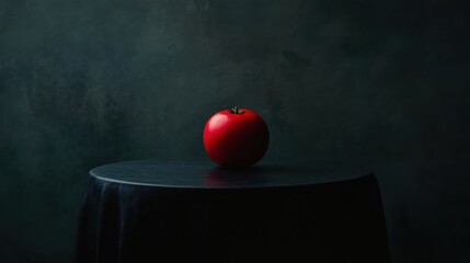 Wall Mural - Single red tomato on dark table against moody background.