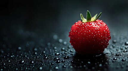 Wall Mural - Single red strawberry with water droplets on dark background.