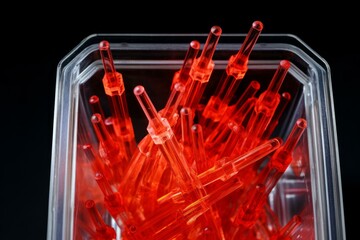 Poster - Close up of red fiber optic cables organized inside a transparent plastic box, illuminated against a dark backdrop