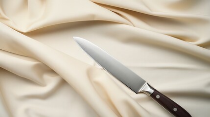 Poster - Sharp kitchen knife resting on elegant cream fabric ready for culinary adventure. Generative AI