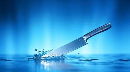 Poster - Elegant knife slicing through water with dynamic splashes and captivating backdrop. Generative AI