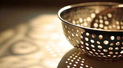 Poster - Reflections of light through a perforated bowl on a wooden surface. Generative AI