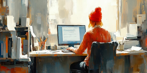 Poster - Woman in Red Hat Working at Home Office Desk, Sunlit Room, Impasto Painting Style