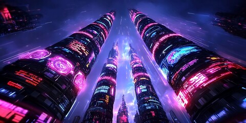 Poster - Towering skyscrapers adorned with kaleidoscopic displays and holographic signage intricate lattices of neon lit conduits and pulsing technological arteries converging to construct a dazzling