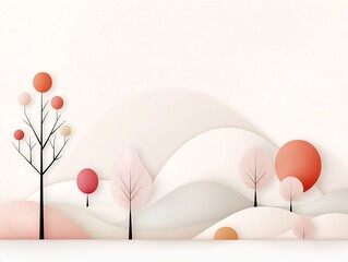 Poster - Serene and modern minimalist landscape with a soft pastel gradient backdrop and delicate textured botanical elements including trees bushes and hills in a clean and stylized composition