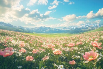 Wall Mural - a field of pink flowers with a blue sky in the background
