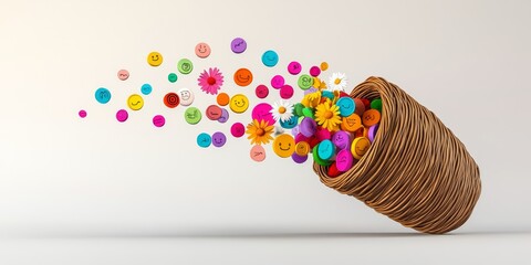 Sticker - Basket full of colorful flowers with many smiling faces. The basket is overflowing with flowers and the faces are scattered all over the basket. Concept of happiness and joy, as the flowers