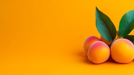 Wall Mural - Close up of three oranges with a leaf on top. The oranges are placed on a yellow background