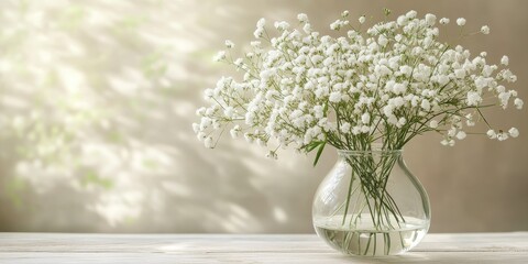 Sticker - A beautiful bouquet of gypsophila flowers placed in a clear glass vase sitting on a kitchen table against a soft background, showcasing the delicate charm of gypsophila flowers.