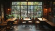 © Jam - Cozy Cafe Interior With Wooden Tables and Bright Greenery in an Urban Setting. Generative AI