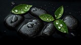 Black rocks with green leaves and water drops on them, spa background, spa poster design, top view, high contrast