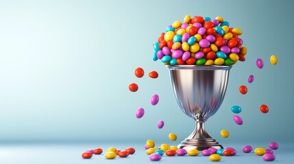 Poster - Silver vase filled with colorful candies. The candies are scattered around the vase, creating a fun and playful atmosphere