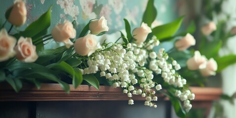 Sticker - A beautiful arrangement of lilies of the valley alongside roses is placed on a fireplace shelf, with a softly blurred background enhancing the scenes charm.