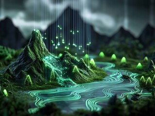 Poster - Ethereal visualization of rainfall patterns rippling over a topographic map ethereal waterways snaking through mountainous terrain shimmering droplets coalescing in mesmerizing flows