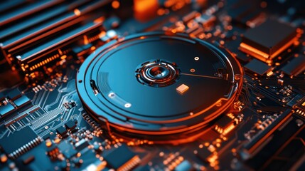 Poster - Close-up of a hard drive's intricate mechanics and circuitry, showcasing the technological marvel of data storage.