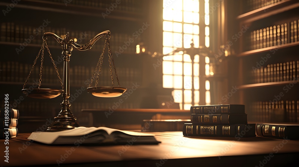 Scales of Justice in a Law Library Setting Stock Illustration | Adobe Stock