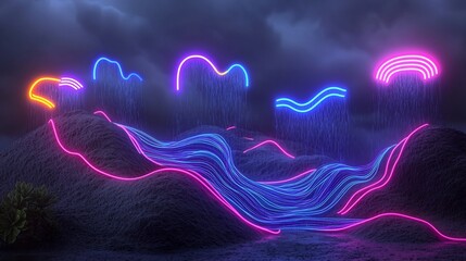 Poster - Hypnotic Fluid Rainfall Data Visualization with Futuristic Topographic Landscape Aesthetics   Colorful 3D animated digital art showcasing dynamic weather data and elevation contours across a vibrant