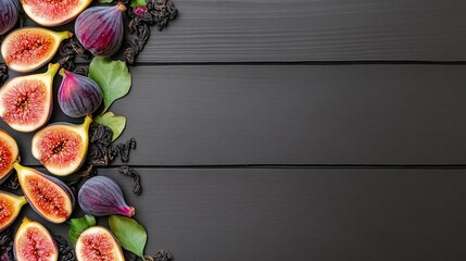 Poster - Black background with a bunch of purple fruits, including figs, and some herbs. The fruits are arranged in a way that they are almost touching the edge of the background