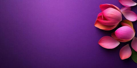 Poster - Purple background with pink flowers on it. The flowers are arranged in a way that they look like they are blooming. Scene is one of beauty and serenity