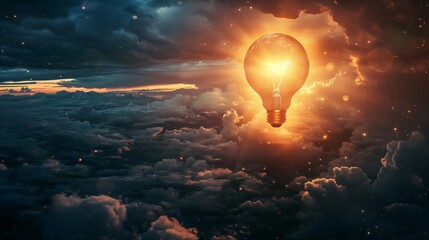 a bright light bulb floating above a dark landscape, symbolizing a spark of innovation and new ideas