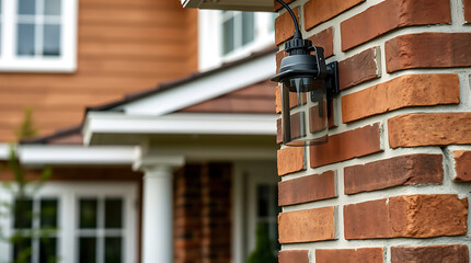 Wall Mural - Exterior Lamp on Brick Pillar with House in Background