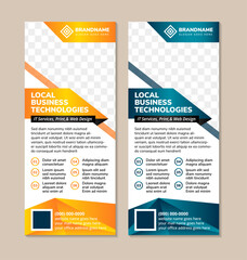 Poster - Blue and orange technology roll up business banner design vertical template vector, cover presentation abstract geometric background, modern publication display layout in rectangle size
