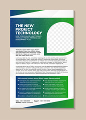 Poster - the new project technology corporate brochure template. New business company poster design. green and blue gradient elements isolated on white background. space for photo and circle halftone pattern