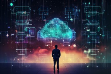 Poster - Businessman looking at futuristic cloud computing symbol, representing data storage and server infrastructure