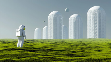 Wall Mural - astronaut surveys futuristic habitat on alien planet, distant moons visible, science fiction illustr