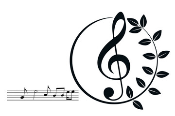 Black treble clef sign, decorated music key symbol, musical melody illustration, notes sound icons. Musical background, design fest card, jazz poster, concert performance banner. Copy space, isolated