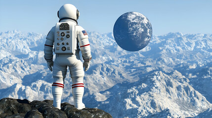 Wall Mural - astronaut gazing at earth from alien mountaintop, snowy landscape, space exploration.