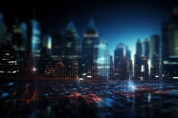 Poster - Illuminated cityscape at night with digital data and charts flowing, symbolizing global business and financial markets