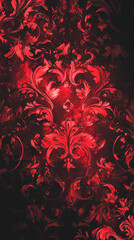 Wall Mural - The image depicts a dark, ornate wallpaper pattern with intricate red floral designs