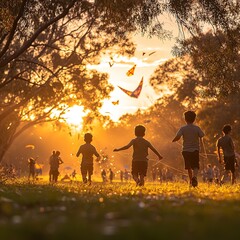 Wall Mural - Children run in a park at sunset, kites flying overhead.