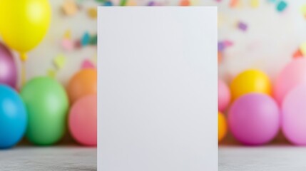 Poster - White card with a blank space sits in front of a colorful display of balloons. The balloons are of various sizes and colors, creating a festive and joyful atmosphere. The card, with its blank space