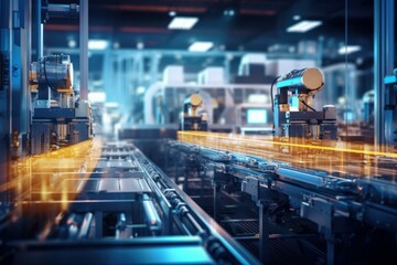 Poster - Robotic arms performing tasks on an assembly line inside a technologically advanced factory
