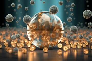 Poster - Golden nanobots protected from virus attack by transparent sphere, nanotechnology and health concept